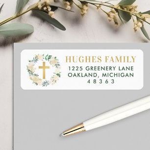 Etiqueta Endereço de Batismo Cruz Floral Verde Dourado Eleg