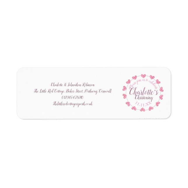 Etiqueta Endereço de batizado de filha branca e rosa (Frente)