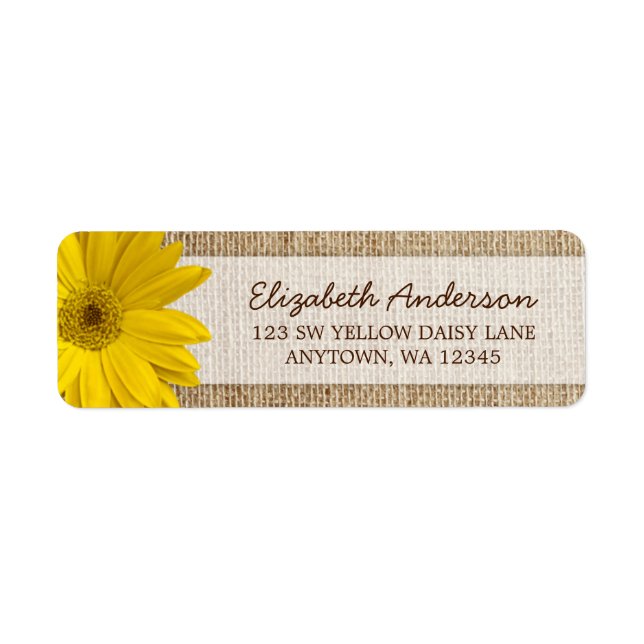 Etiqueta Endereço de Burlap Rustic Daisy Amarelo (Frente)