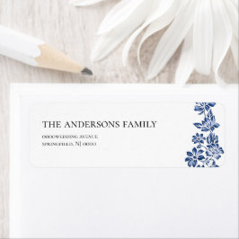 Etiqueta Endereço de Casamento Azul Floral Vintage Elegante