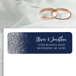 Etiqueta Endereço de Casamento Azul Marinho com Brilho Prat