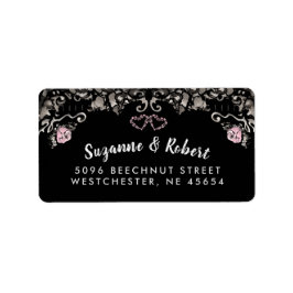Etiqueta Endereço de Casamento de Corações Florais Pretos B