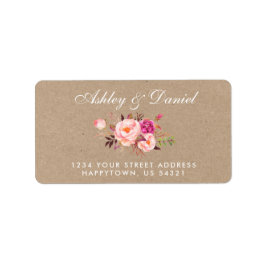 Etiqueta Endereço de casamento floral com água rosa Kraft