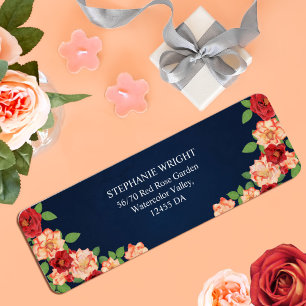 Etiqueta Endereço de Casamento Floral de Rosa vermelha Azul