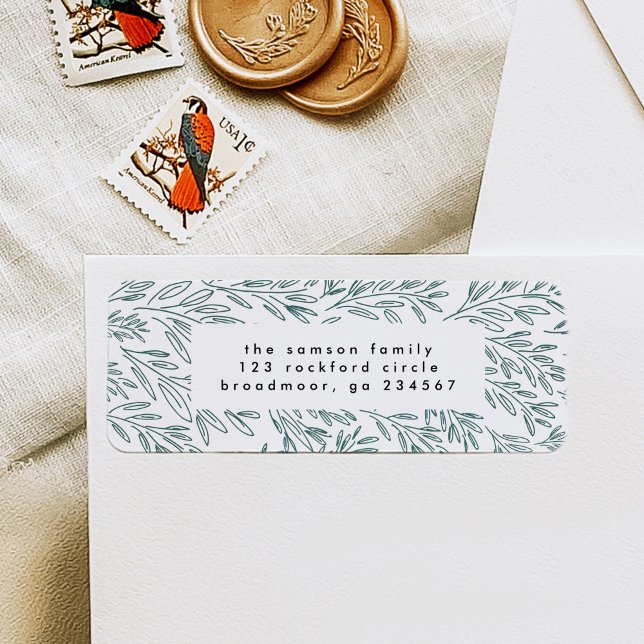 Etiqueta Endereço de devolução das Vines Verdes (Green vines hand-drawn botanical festive return address label.)