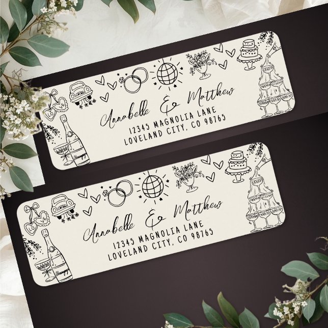 Etiqueta Endereço de Devolução de Casamento Caprichoso Dese (Hand Drawn Whimsical Wedding Return Address Label)