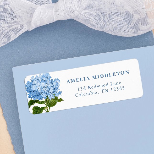 Etiqueta Endereço de Devolução de Casamento Clássico de Hor (blue hydrangea classic wedding return address labels)