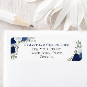 Etiqueta Endereço de Devolução de Casamento Floral Azul Ele