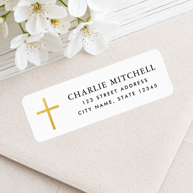 Etiqueta Endereço de devolução de cruz com gradiente dourad (Simple faux golden gradient cross return address label)