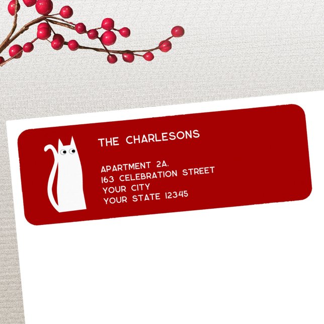 Etiqueta Endereço de Devolução de Feriado Vermelho de Cat B (Festive red white cat personalized return address label for Christmas and the winter holidays)