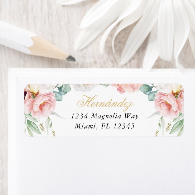 Etiqueta Endereço de devolução de Quinceañera Floral rosa e (Insitu)