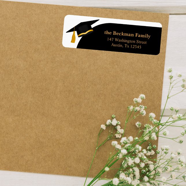 Etiqueta Endereço de devolução do Boné de formatura Dourado (Black Gold Graduation Cap Return Address Label)