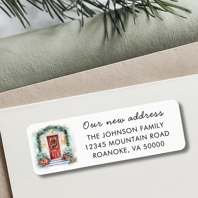 Etiqueta Endereço de devolução do feriado frontal vermelho (Red Front Door New Home Holiday Moving Announcement Return Addreses Label)