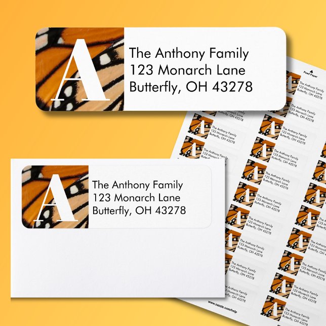 Etiqueta Endereço de devolução do Monararyfly Wing (Monarch Butterfly Return Address Labels with Monogram Initial is a beautiful addition for your mail.)