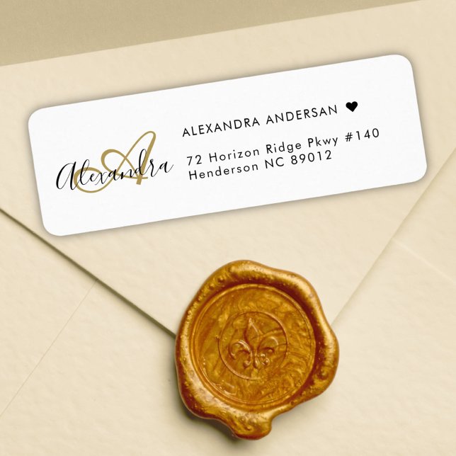 Etiqueta Endereço de devolução do Monograma Elegante Dourad (Chic White Gold Elegant Monogram Return Address Label)