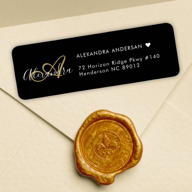Etiqueta Endereço de devolução do Monograma Elegante Dourad (Chic Black Gold Elegant Monogram Return Address Label)