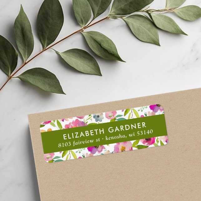 Etiqueta Endereço de Devolução Floral Rosa e Verde (Criador carregado)