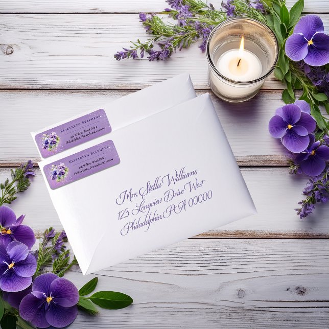 Etiqueta Endereço de Devolução Floral Roxo Violeta Boho Ele (Elegant Boho Purple Violets Lavender Floral Return Address Labels)