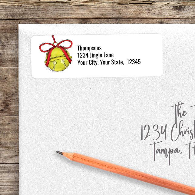 Etiqueta Endereço de Devolução Fofo com Campainha de Natal (Gold return address label with cute jingle bell. )