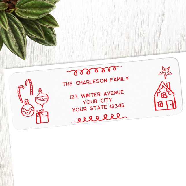 Etiqueta Endereço de Devolução Vermelha Branca do Rabisco d (Fun holiday doodle scribble illustration Christmas personalized return address label)
