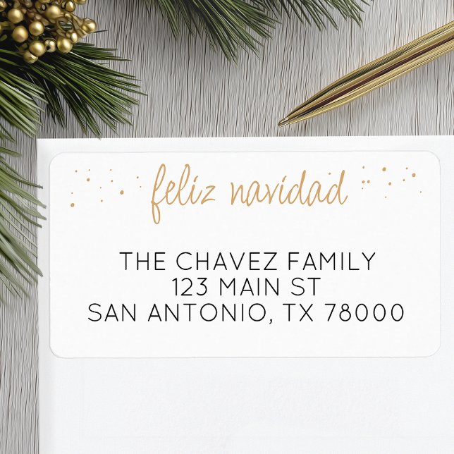 Etiqueta Endereço de Natal do Dourado Script Feliz Navidad (Feliz Navidad Christmas Address Label)