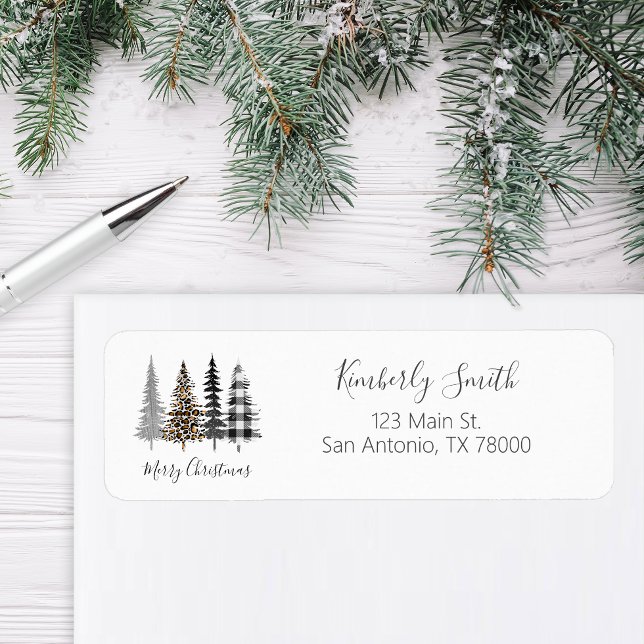 Etiqueta Endereço de Natal Glam Leopardo e Xadrez (Modern Farmhouse Return Address Sticker)