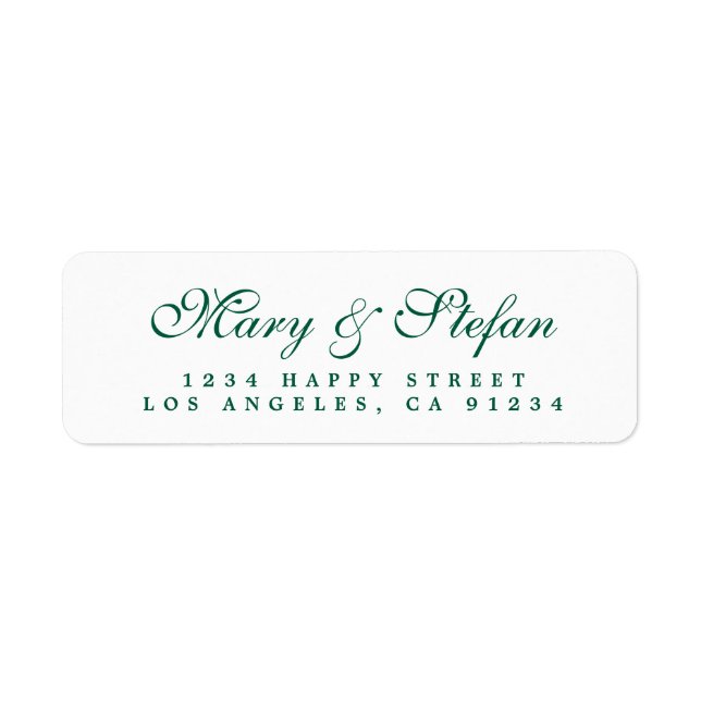 Etiqueta Endereço de Retorno de Casamento Chic Script Verde (Frente)