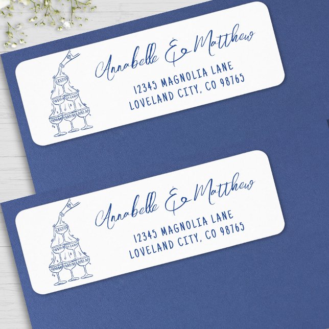 Etiqueta Endereço de Retorno de Casamento Desenhado à Mão e (Hand Drawn Blue Wedding Return Address label )