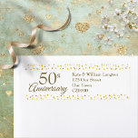 Etiqueta Endereço de Retorno de Confetti Dourado no 50º ani<br><div class="desc">Rótulo de endereço de retorno do casamento de 50 anos do ouro com seus detalhes em um texto branco elegante em fundo de corações dourados. Projetado por Thisnotme©</div>