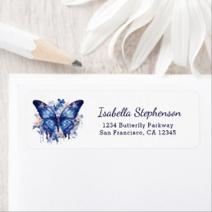 Etiqueta Endereço de Retorno Elegante Borboleta Aquarela Az