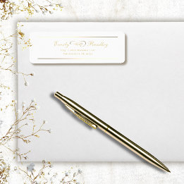 Etiqueta Endereço Elegante com Fundo Branco e Letra Dourada