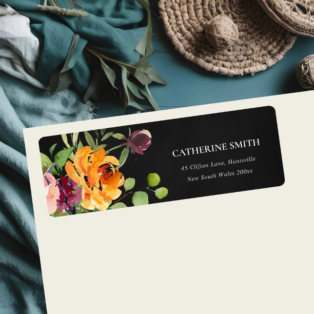 ETIQUETA ENDEREÇO FLORAL DE LARANJA AMARELO DE PINCO PRETO (Criador carregado)