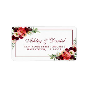 Etiqueta Endereço floral do casamento de Borgonha Boho