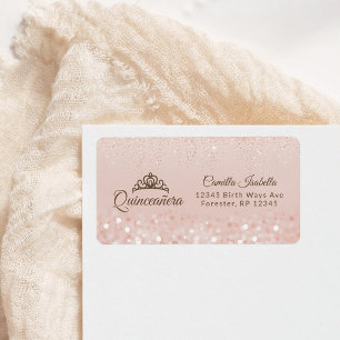Etiqueta Endereço Quinceañera Brilho Dourado Rosa