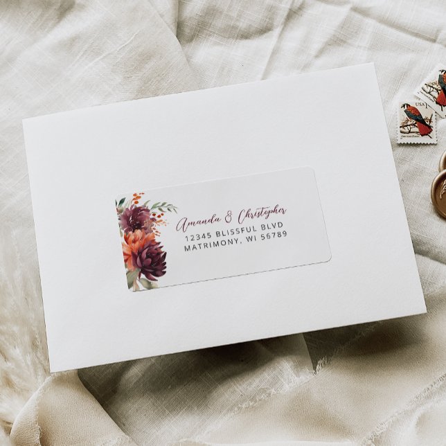 Etiqueta Endereço RSVP de Casamento Floral Laranja Burgundy (Criador carregado)