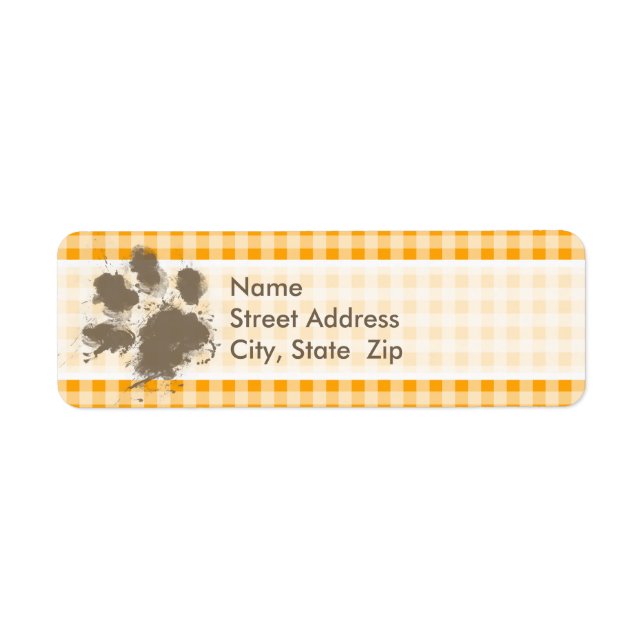 Etiqueta Engraçada Pawprint Amber Orange Gingham (Frente)