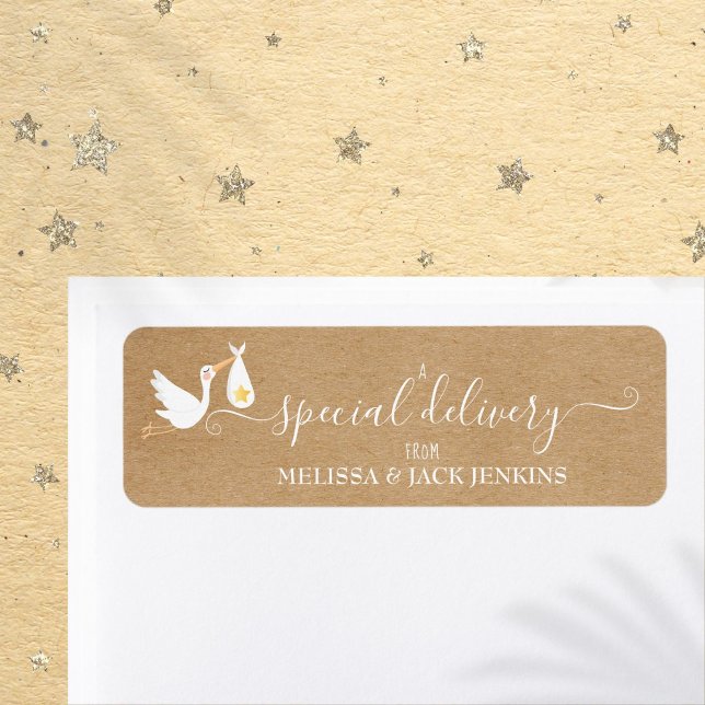 Etiqueta Entrega Especial Rústica Bebê Cegonha Endereço de  (Rustic Special Delivery Baby Stork Return Address Label)