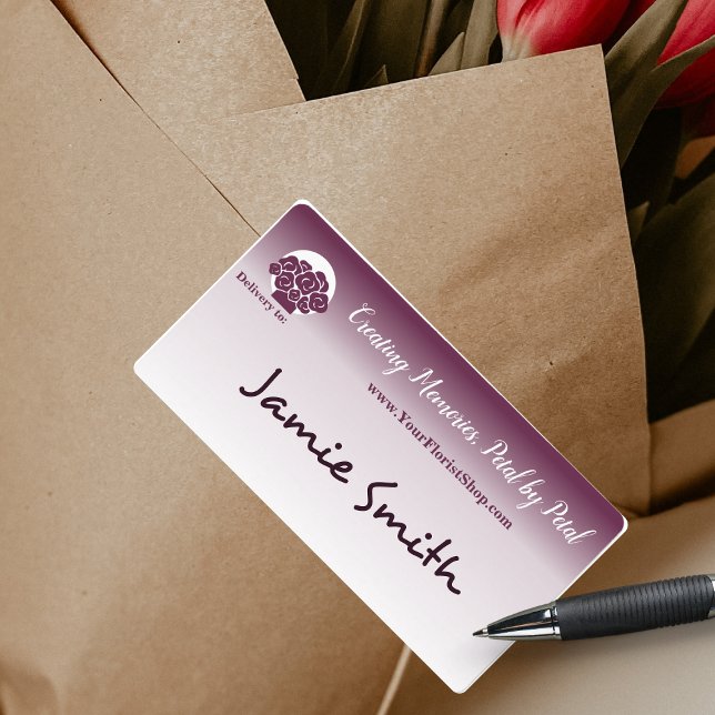 Etiqueta 💐 Entrega Floral Personalizada Branco a Roxo (💐 Custom White to Purple Floral Delivery Label, Handwritten Destination)
