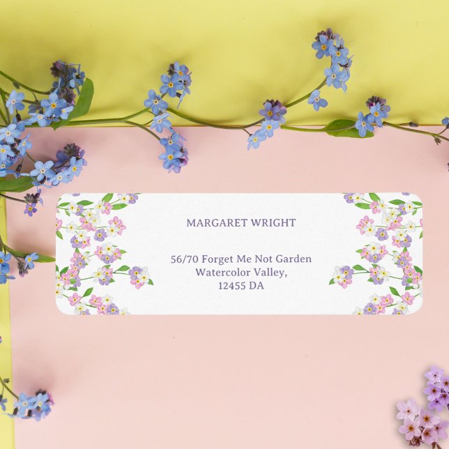 Etiqueta Esquece-me de Casamento Rosa e Púrpura (Forget Me Not Watercolor Pink and Purple Wedding Label)