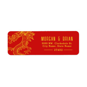 Etiqueta Estilo Dragão Dourado Pré-Endereçado + Vermelho