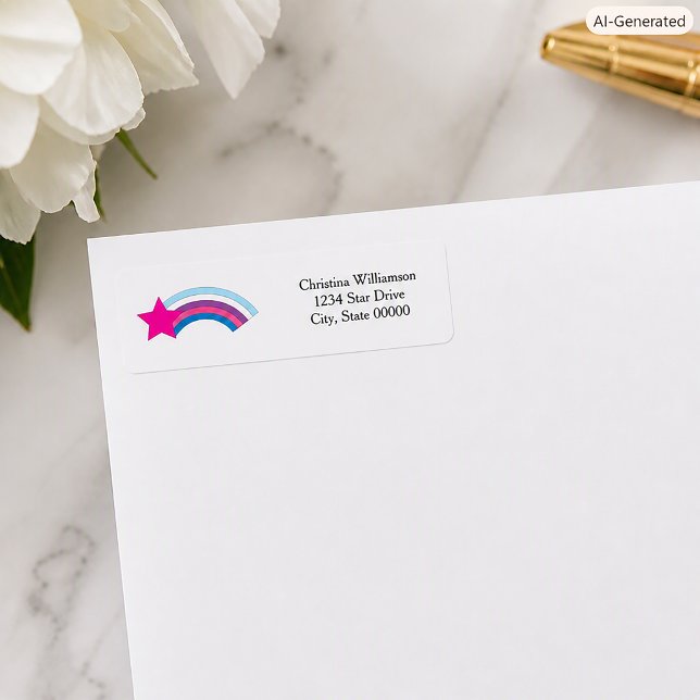 Etiqueta Estrela Rosa e Endereço de Devolução Personalizado (A return address label with a star and rainbow and text you can personalize!)