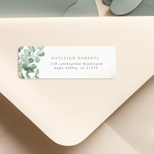 Etiqueta Eucalyptus Greenery & Nome Dourado Endereço de Ret (Return Address Label Mock-up)