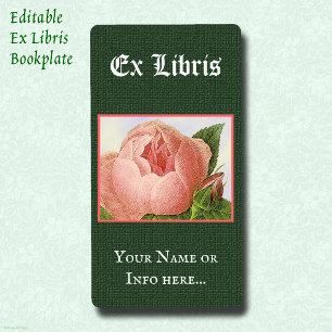 Etiqueta Ex Libris de Livro Editável Vintage Rosa Rosa