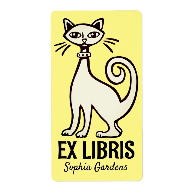 Etiqueta Ex Libris - Gato Retro - Amarelo Pálido (Frente)