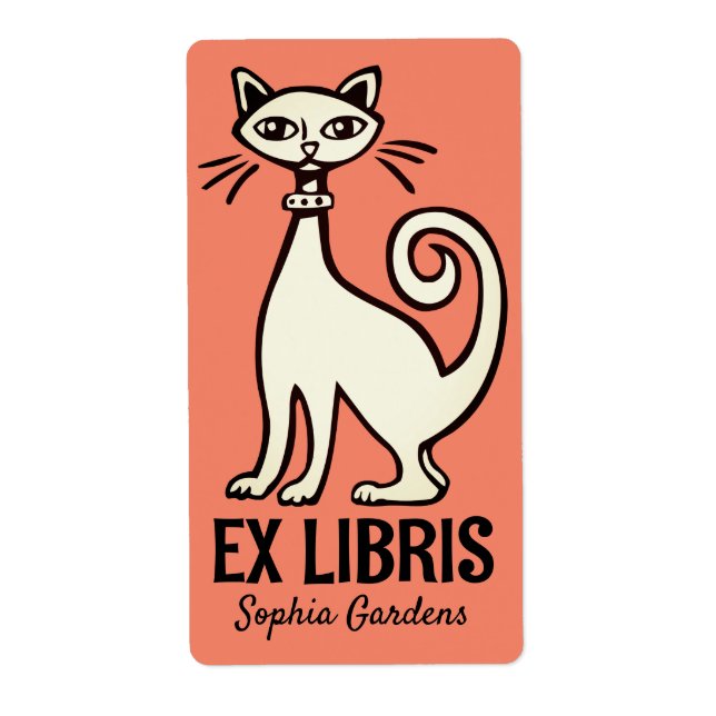 Etiqueta Ex Libris - Gato Retro - Salmão (Frente)