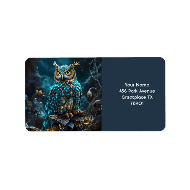 Etiqueta Fantasy Cute Brass Turquoise Owl (Frente)