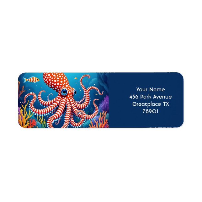 Etiqueta Fantasy Cute Checked Octopus Sea (Frente)