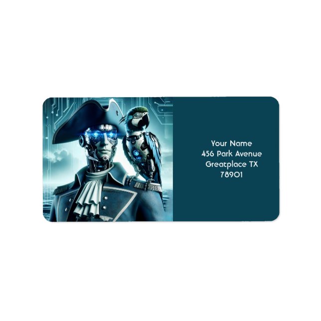 Etiqueta Fantasy Cute Cyborg Parrot Pirate (Frente)