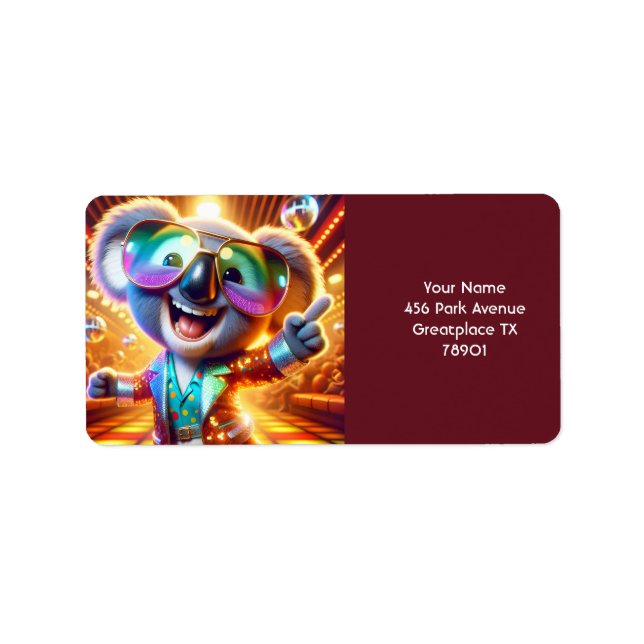 Etiqueta Fantasy Cute Koala Dancing Disco (Frente)