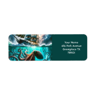 Etiqueta Fantasy Cute Octopus - Navio à vela